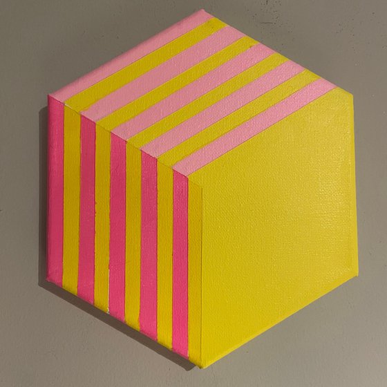 4 xOriginal Modern Abstract Geometric Op Art Framed Hexagon Shaped Canvas Painting