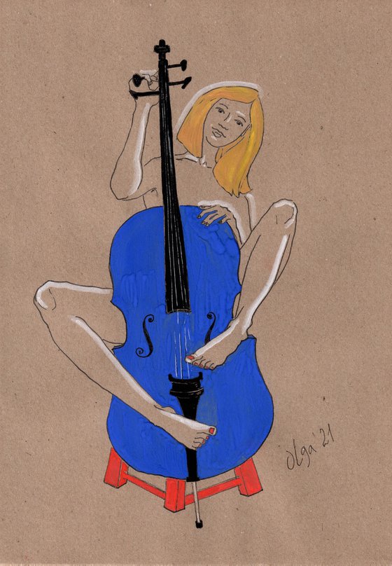 Nude woman portrait with blue cello - Erotic figure study - Sensual gift idea