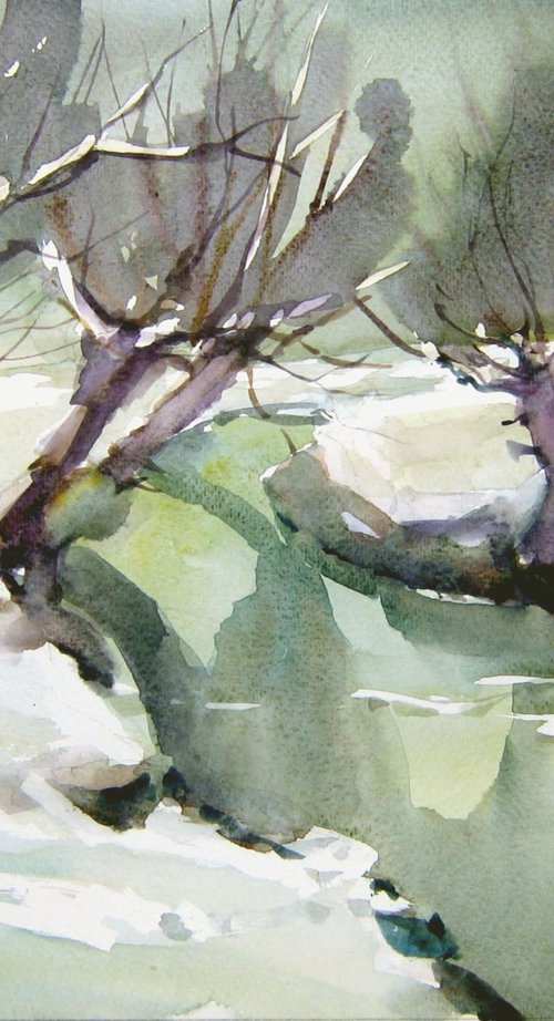 snowscape in green with willows by Goran Žigolić Watercolors