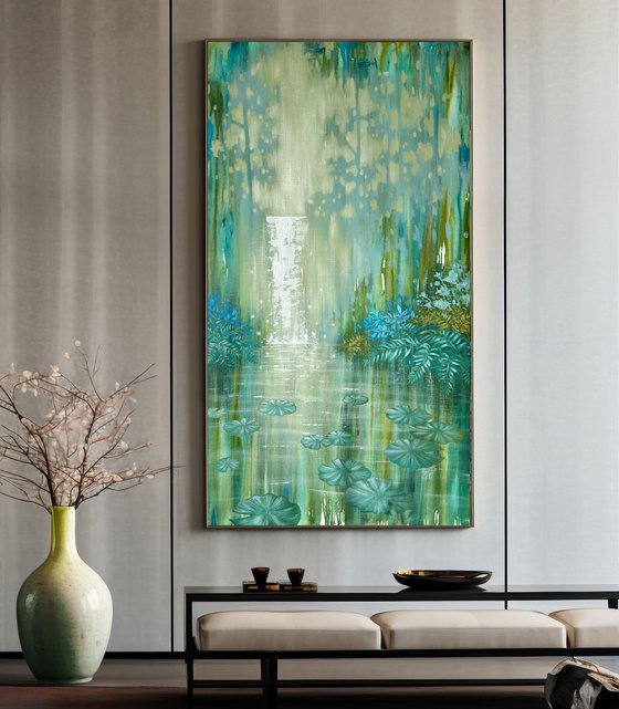 Sparkling Waterfall and Pond