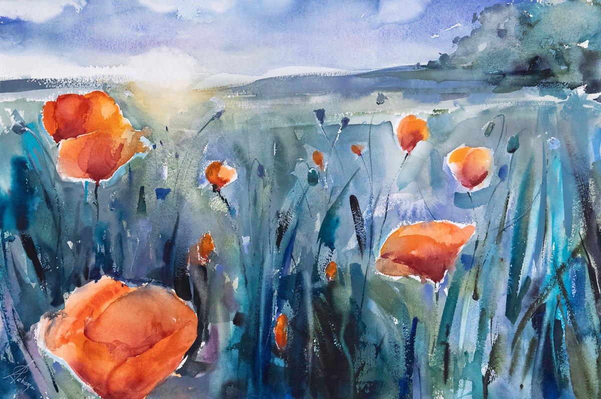 Botanical Watercolour By Andrzej Rabiega, 22 X 15, Poppies At The Sunset, Original Artwork