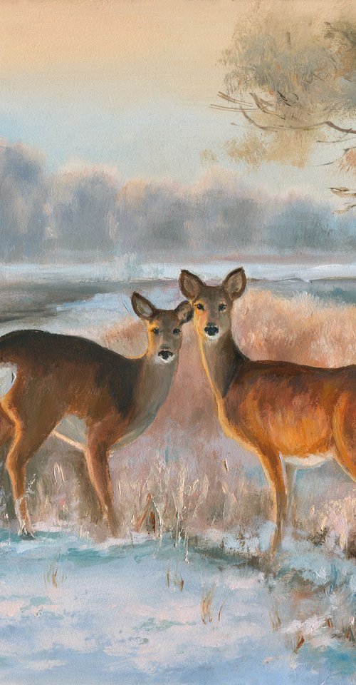 Snowy landscape with deer by Lucia Verdejo