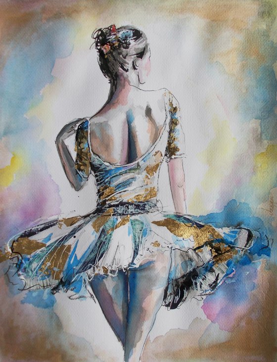 Light as a Feather III - Ballerina Watercolor-Mixed Media Painting On Paper