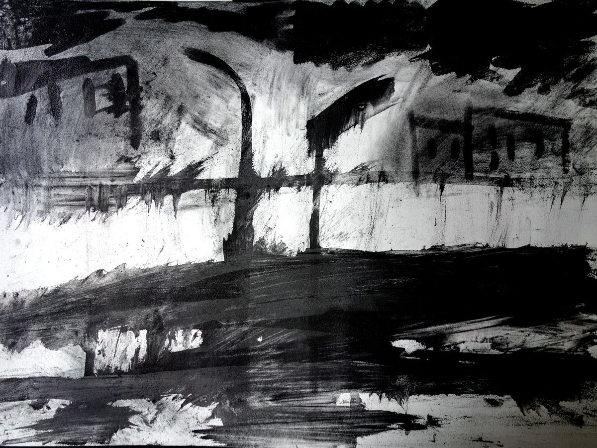 Abstract Landscape Charcoal Drawing By Elizabeth Anne Fox, 28 X 20, Turin, Original Artwork