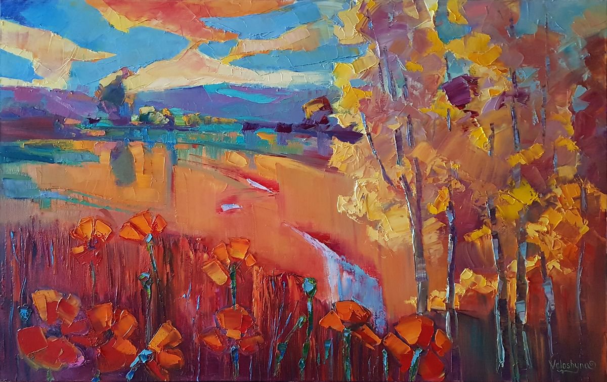 Landscape with red flowers by Mary Voloshyna