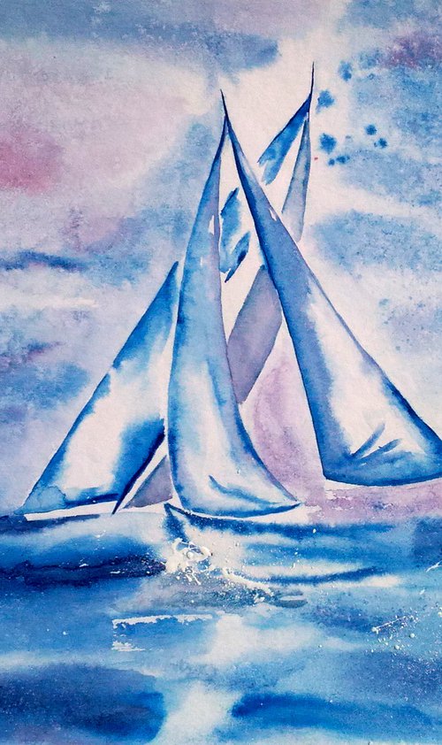 Sailboat Painting Original Art Sailing Vessel Watercolor Artwork Yacht Race Home Wall Art 17 by 12" by Halyna Kirichenko by Halyna Kirichenko