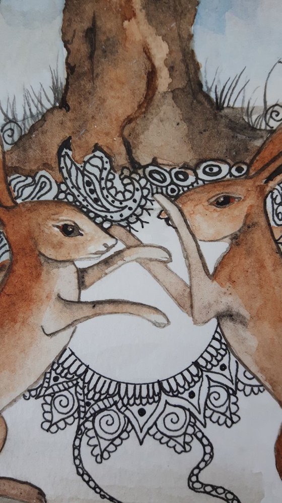 Hares and Mandala Tree, Original Watercolour Painting