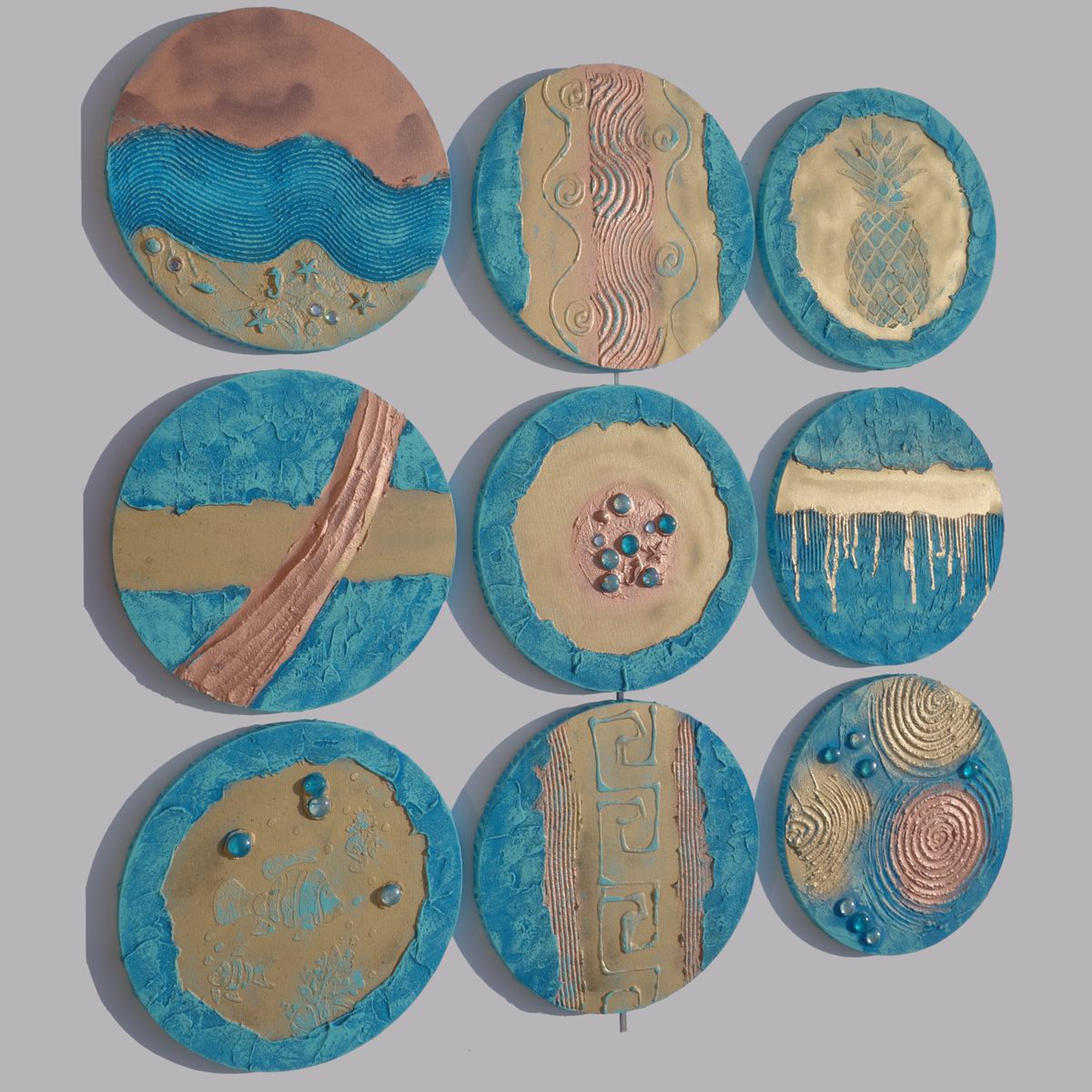 Gold Blue 9 Round Abstract Paintings Textured A2 Artfinder