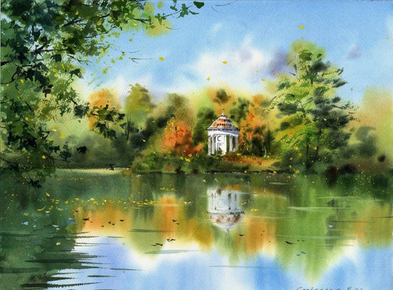 Autumn. Gazebo on the shore of the lake