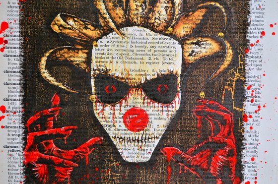 Creepy Clown - Collage Art on Large Real English Dictionary Vintage Book Page