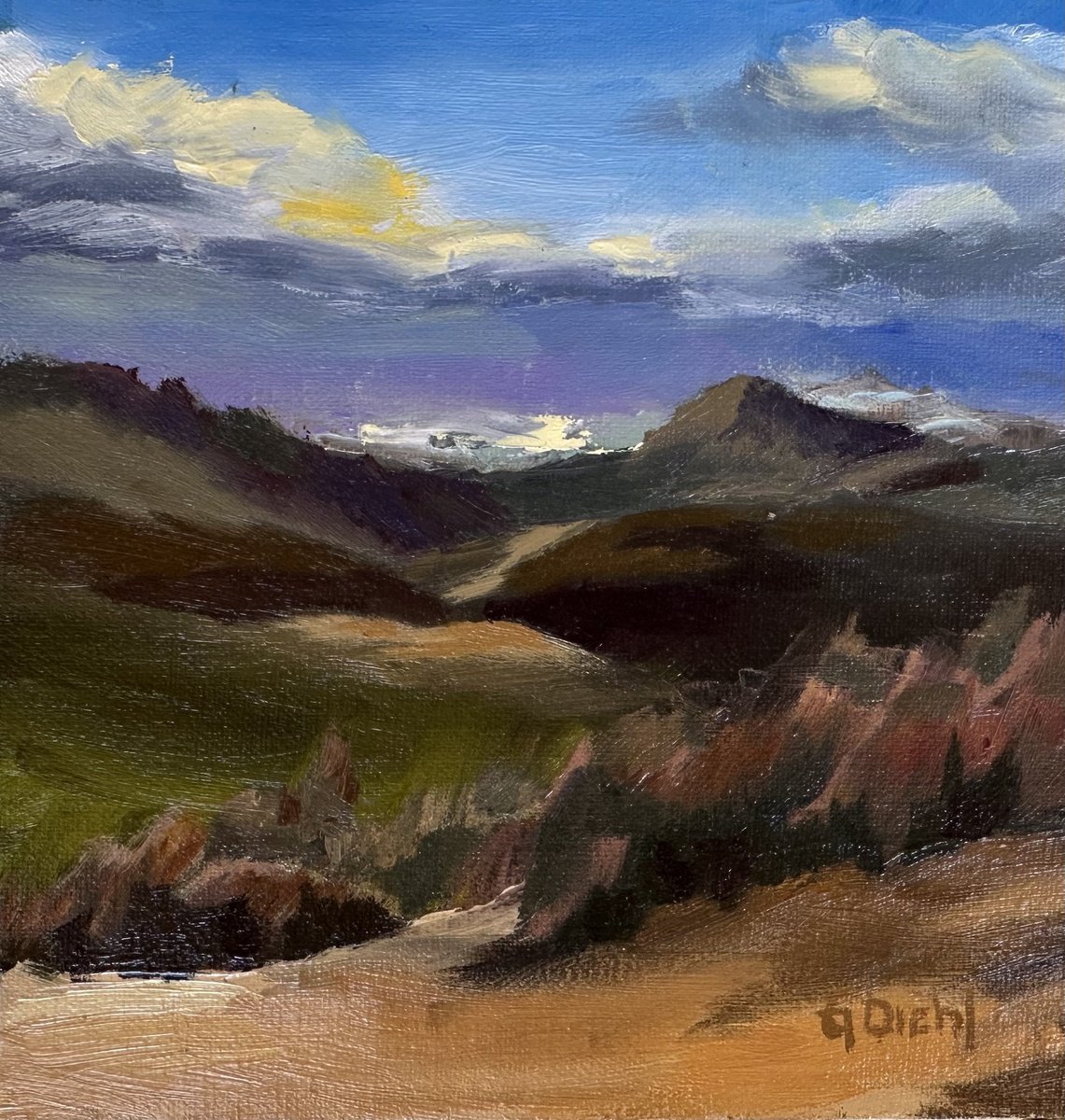 Impressionistic Landscape Oil Painting By Grace Diehl, 6 X 6, Darkening Skies, Original Artwork