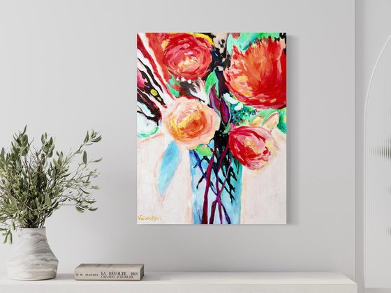 SMELLS LIKE PEONIES SPIRIT - 40 X 50 CM - FLORAL PAINTING ON CANVAS * RED *WHITE *GREEN