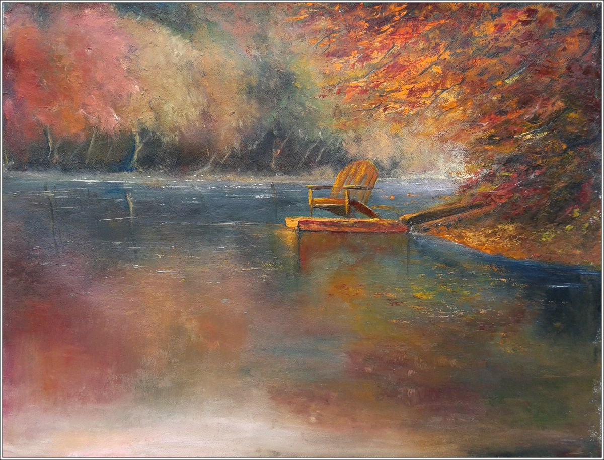 WAITING FOR YOU, 70x50cm, autumn foliage trees lake reflections calm quiet peaceful landsc... by Emilia Milcheva