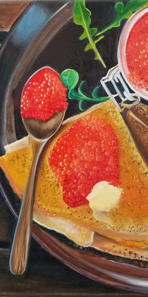 Crepes with Caviar. Russian Maslenitsa. Spectacular interior painting with Russian crepes and caviar. Original Oil Painting on Canvas. by Alexandra Tomorskaya/Caramel Art Gallery