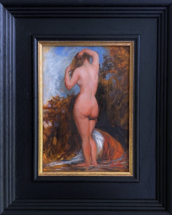 Old Master style female nude figure oil painting, with wooden frame.
