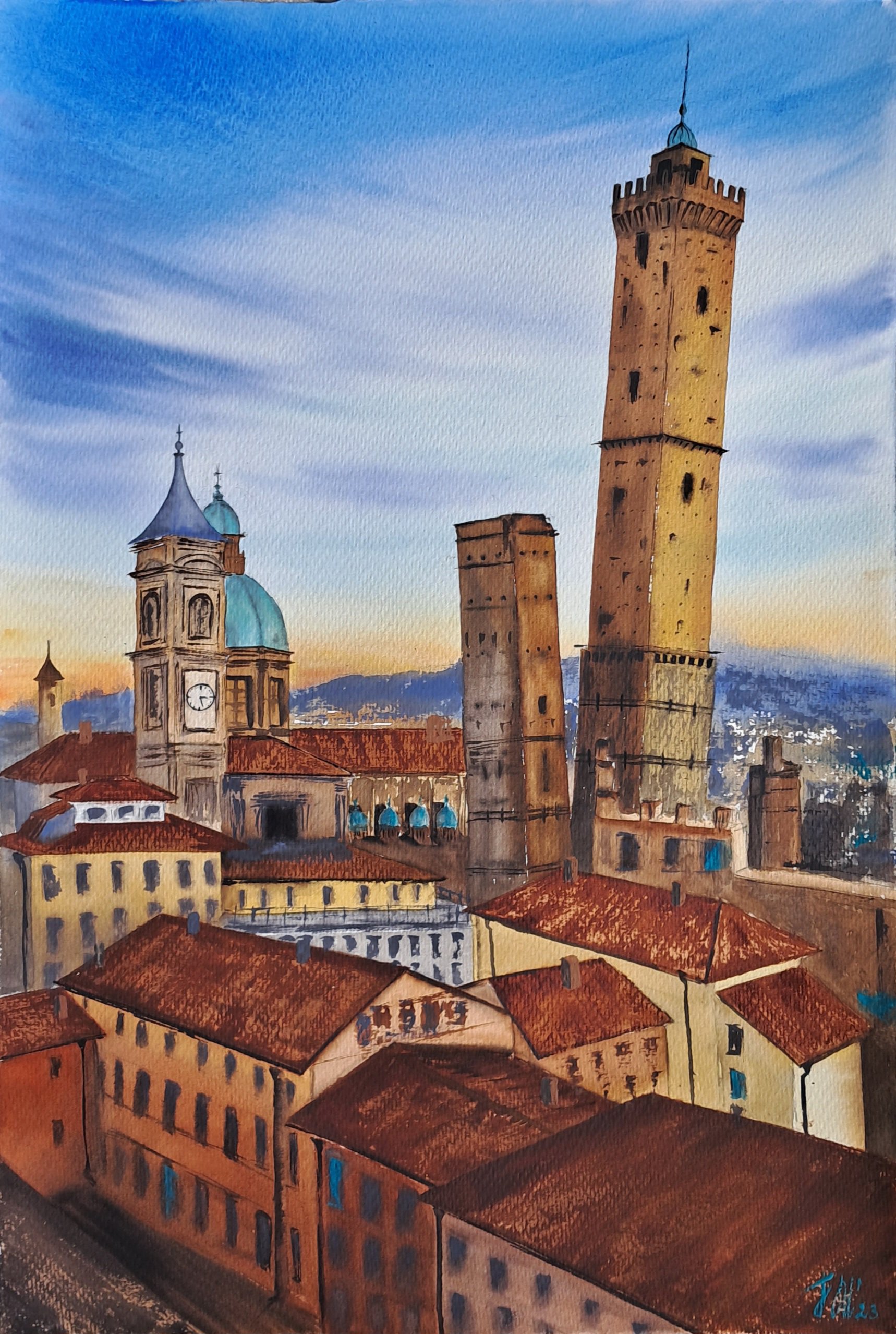 Cityscapes Watercolour By Yuliia Sharapova, 15 X 22", Bologna Torre Dell