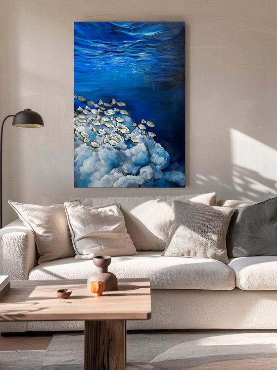 Surreal Ocean Painting with Vintage Lace Fish