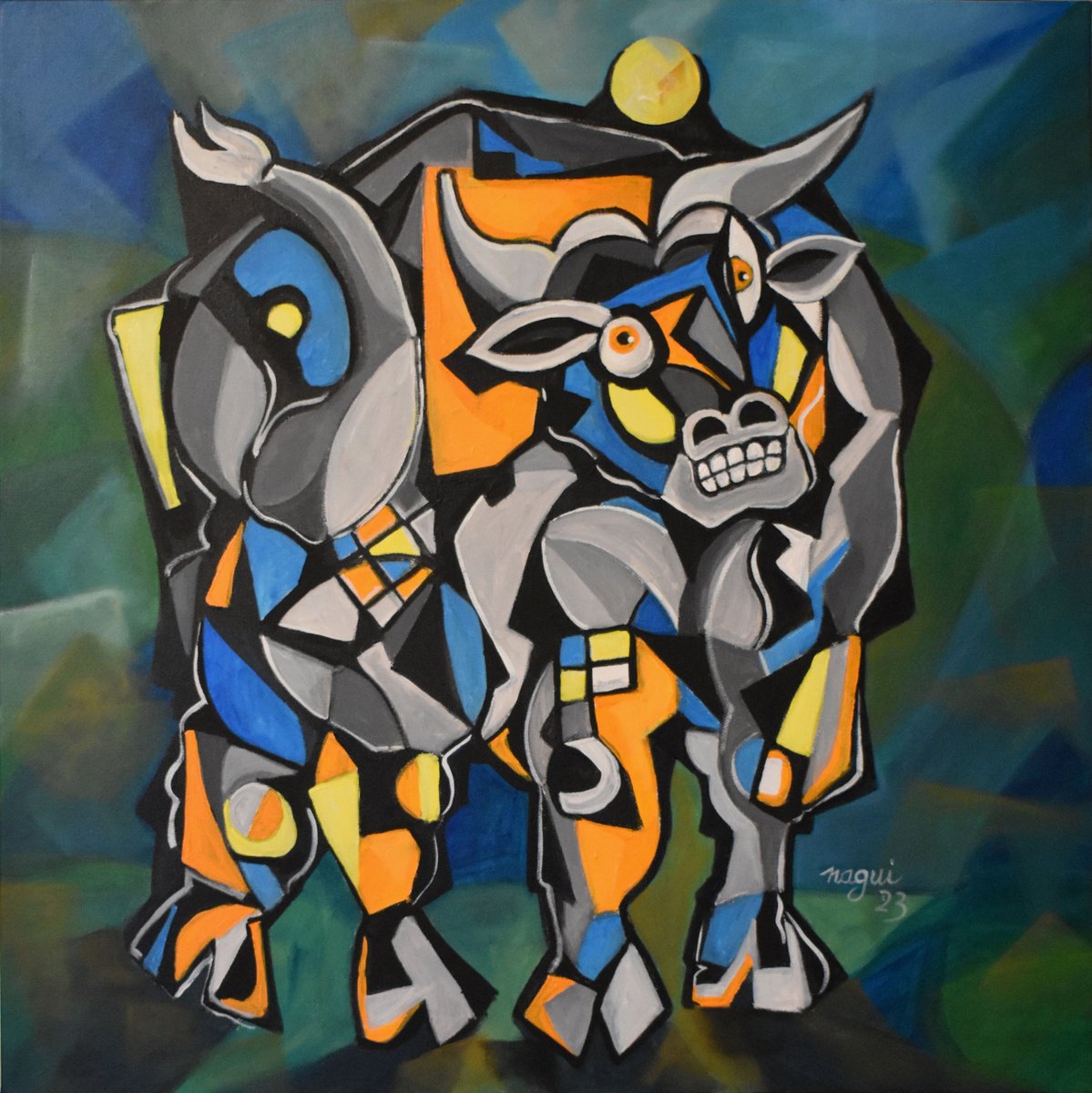 Expressive Animal Acrylic Painting By Nagui, 24 X 24", Apis The Bull, Original Artwork