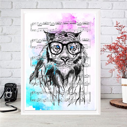 Tiger with glasses, watercolor on sheet music by Luba Ostroushko