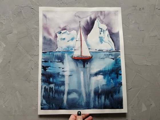 Red sailboat\ICEBERG PAINTING/ ANTARCTICA