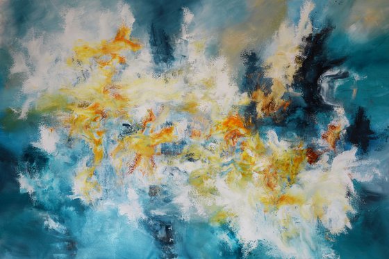 Abstract painting - Sunrise, waves and sargassum - large blue ocean painting
