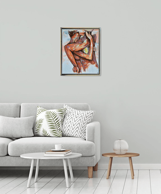 Lovers In The Wall - Original Modern Painting Art on Canvas with Floating Frame Ready To Hang