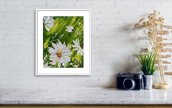 MACRO CHAMOMILE - White chamomile. 3d flowers. Three-dimensional painting.  A big flower. White color. Petals. Greens. Flowers. Grass. Field.