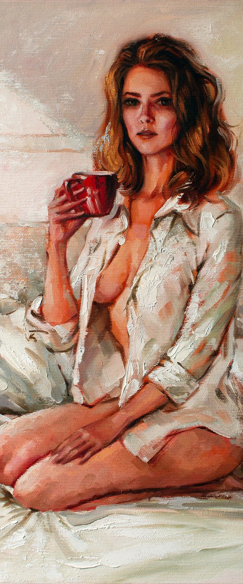 Her morning coffee by Yaroslav Sobol  (Modern Impressionistic Romantic Beautiful Girl Oil painting Gift) by Yaroslav Sobol