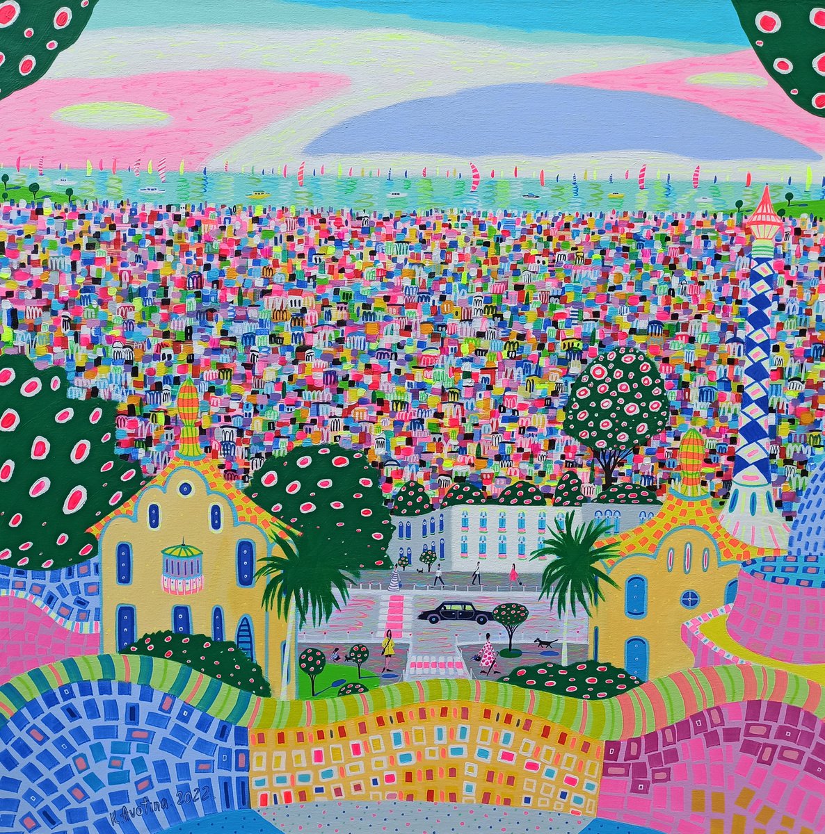 Impressionistic Landscape Acrylic Painting By Katrina Avotina, 36 X 36", Bon Dia Magnifico!, Original Artwork