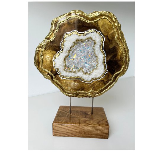 3D Geode Slice White & Gold, Unique gift, Home Decor, Luxury art, Crystal art, Geode sculpture, Standing geode