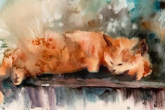 Siesta. Cat watercolor painting.