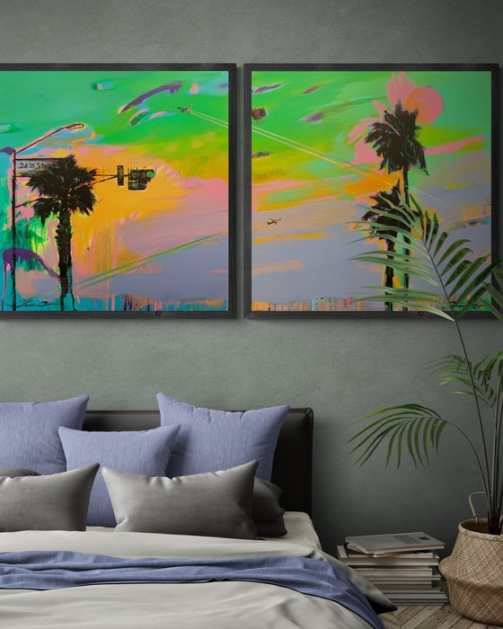 Big XXL artwork - "Green light" - Pop Art - Palm - Diptych - Street Art - Expressionism - Sunset