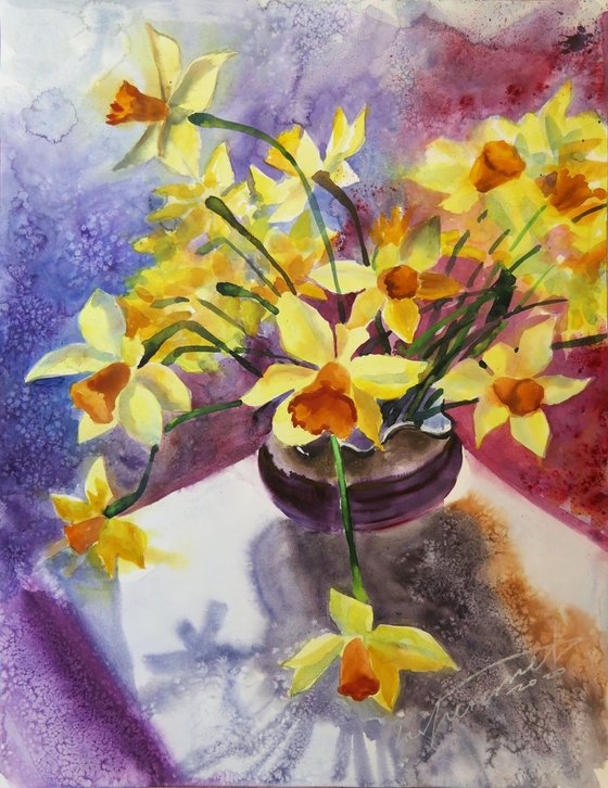 Sunlit Daffodils in a Vase Loose Watercolor Floral Painting Yellow Flowers Still Life