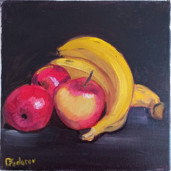 Still life with bananas and red apples