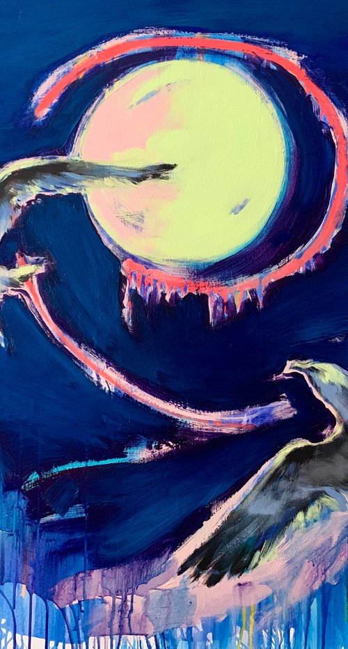 Bright big painting - "Moon light" - Pop Art - Birds - Seagull - 115x90cm by Yaroslav Yasenev