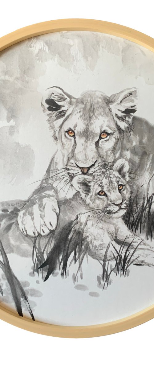 Lion Ink Brush Painting, Original Artwork, Framed by Fiona Sheng