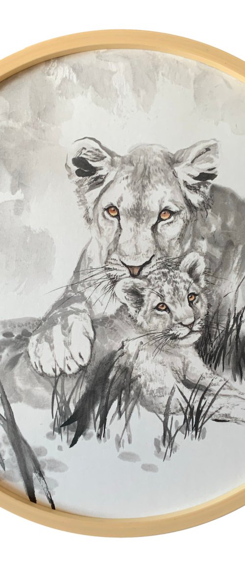 Lion Ink Brush Painting by Fiona Sheng