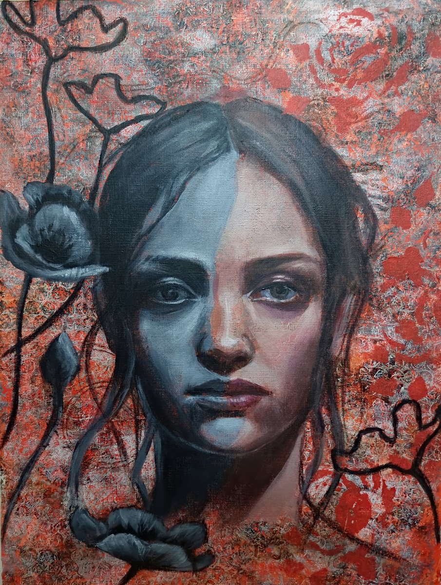 Expressive Portrait Acrylic Painting By Artmoods Tp, 13 X 17, Interlude 0323-01, Original Artwork