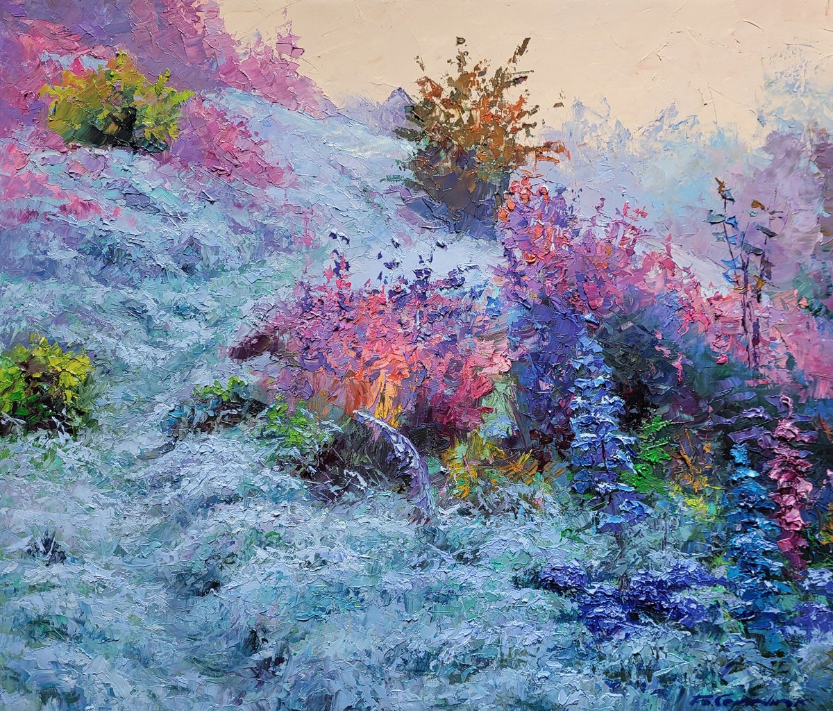 Impressionistic Landscape Oil Painting By Boris Serdyuk, 28 X 24, Frost On The Grass, Original Artwork