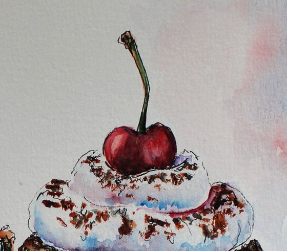 Original Watercolor - Yummy Cupcake with Cherry - Chocolate Dessert - Food Art - Kitchen Dining Room Decor - Food Illustration