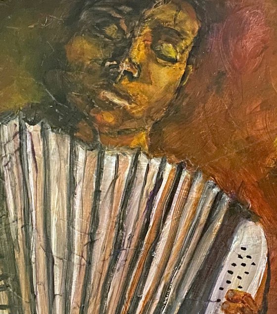 Saxophonist Accordionist playing Original Oil Painting 9x12 Black Frame