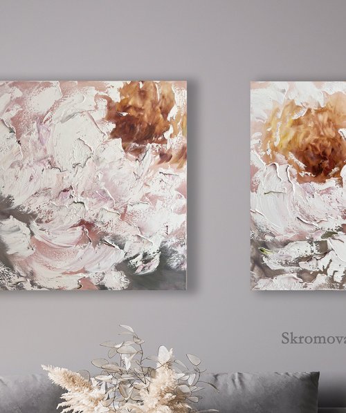 Two abstract white flowers painting by Marina Skromova