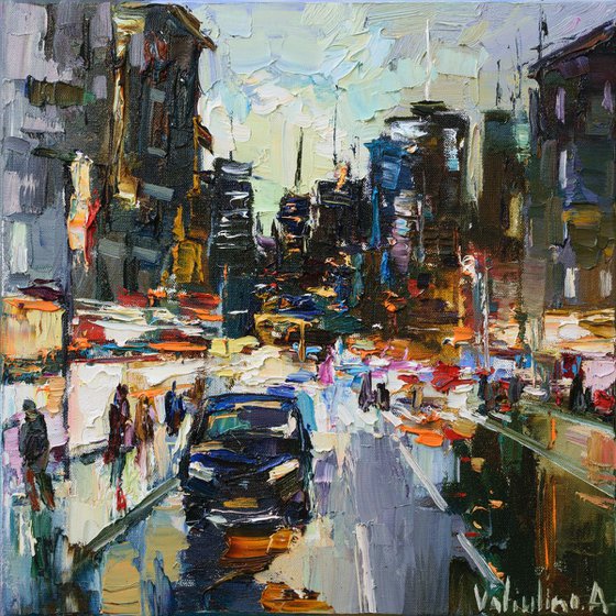 Night City Street #2 - Original urban landscape painting