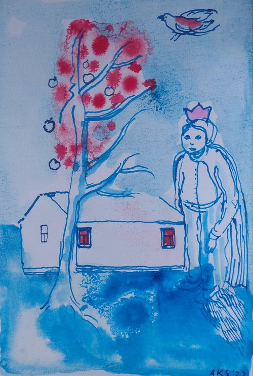 Prince and the apple tree, 15X21 cm ink drawing and painting by Aurelija Kairyte-Smolianskiene
