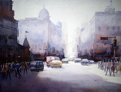Morning City Street - Watercolor Painting by Samiran Sarkar