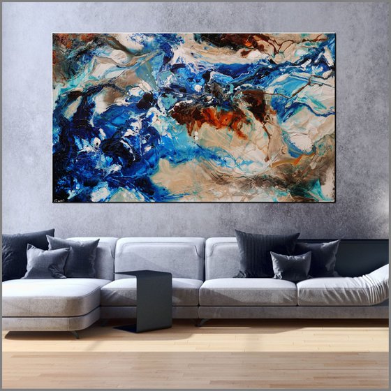Drifting Grace 250cm x 150cm Blue White Abstract Art