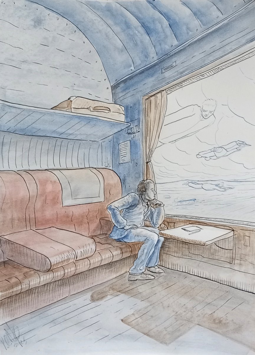 Illustrative Landscape Drawing By Paolo Beneforti, 10 X 14", From The Train Window, Original Artwork