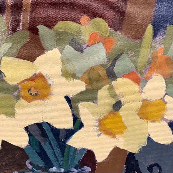 Bright Daffodils Against Dark Oak