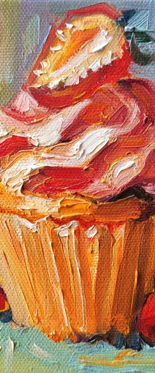 Strawberry Cupcake. Oil Painting. by Natalia Miasnikova