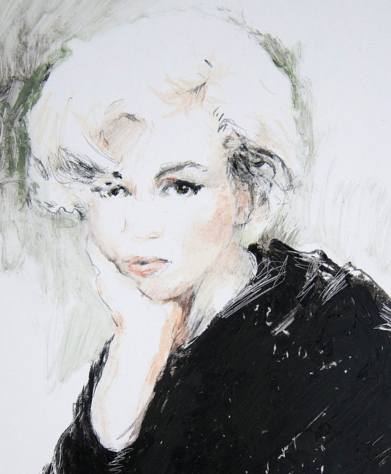 Sitting Marilyn Monroe - 14x19in contemporary minimalistic mixed media drawing